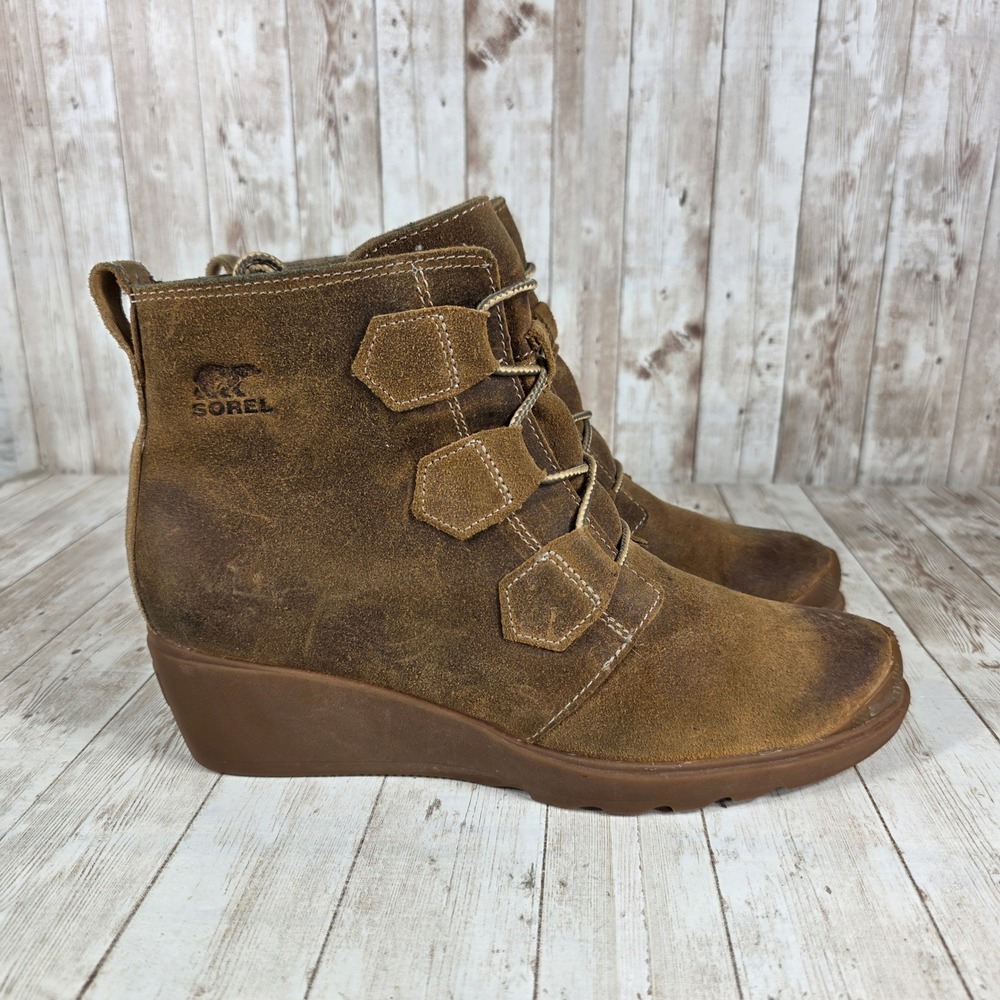 Sorel Brown Suede Leather Lace Up‎ Wedge Ankle Boots Womens Size 10.5